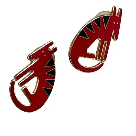 🐾 Vintage Laurel Burch "Terra" Red Enamel Dog Earrings - Picture 3 of 8